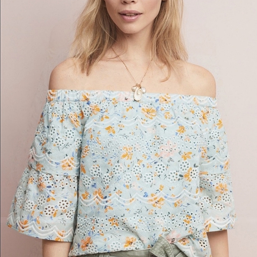 LAIA Anthropologie Ashtabula Embroidered Eyelet Ruffle Top